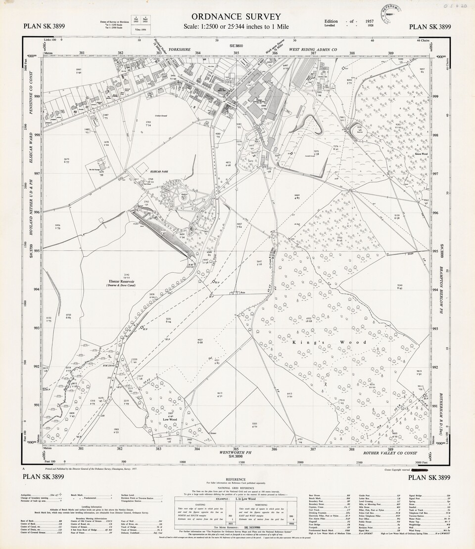 Black and white Ordnance Survey map showing detailed streets, buildings, railway lines, and fields of a rural area with contour lines, symbols, and a labeled legend at the bottom.